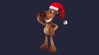 Komik 3D animasyon çizgi film karakteri Noel Baba şapkalı köpek merhaba diyor. 