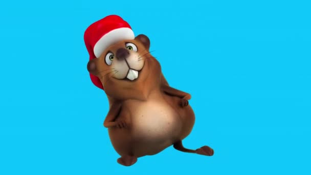 Zabawna Postać Bobra Tańcu Kapelusza Świętego Mikołaja Animacja — Wideo stockowe