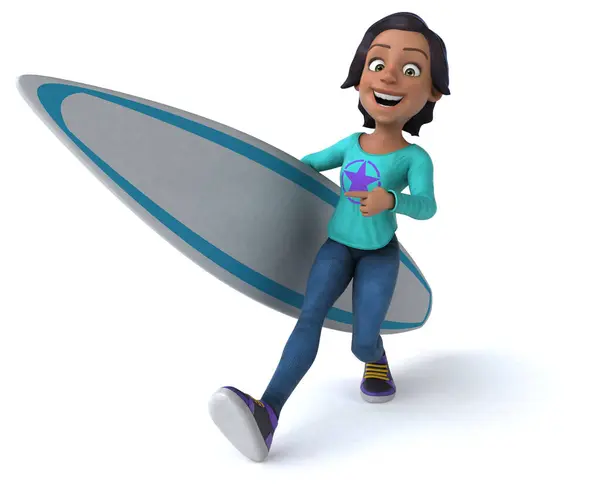 有趣的3D漫画亚洲少女与冲浪板 — 图库照片