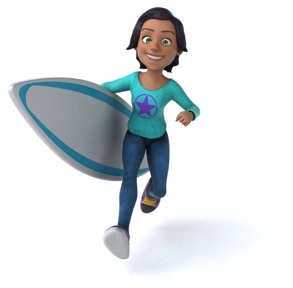 Fun Kreslené Asijské Dospívající Dívka Surfovací Prkno — Stock fotografie