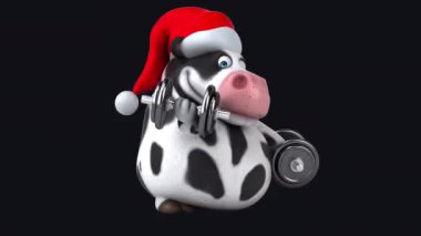 Noel Baba şapkalı siyah-beyaz inek karakterinin eğlenceli üç boyutlu çizimi.