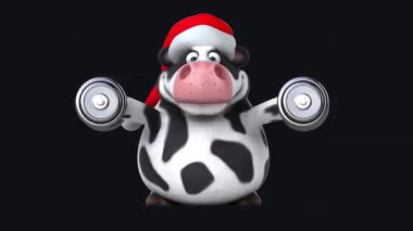 Noel Baba şapkalı siyah-beyaz inek karakterinin eğlenceli üç boyutlu çizimi.