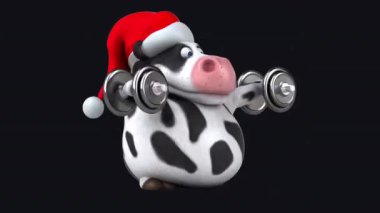 Noel Baba şapkalı siyah-beyaz inek karakterinin eğlenceli üç boyutlu çizimi.