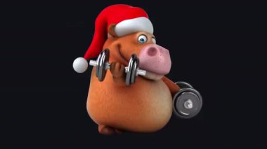 Noel Baba şapkalı, ağırlıklı bir ineğin 3 boyutlu eğlenceli bir çizimi.