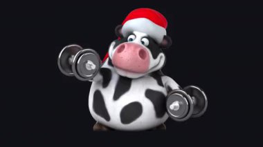 Noel Baba şapkalı siyah-beyaz inek karakterinin eğlenceli üç boyutlu çizimi.