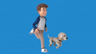 Eğlenceli 3 boyutlu çizgi film çocuğu ve köpek koşusu 