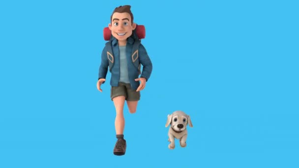 Διασκέδαση Άνθρωπος Κινουμένων Σχεδίων Σακίδιο Και Σκυλί Τρέχει — Αρχείο Βίντεο