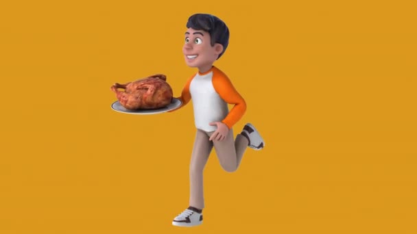 Fun Cartoon Kid Running Fried Chicken — Stock Video
