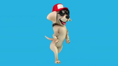 Komik 3 boyutlu çizgi film karakteri Labrador şapkalı ve güneş gözlüklü. 