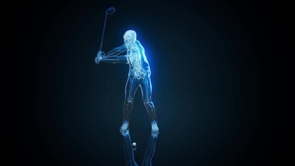 一个打高尔夫球的X射线人的3D解剖动画 — 图库视频影像