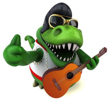 Fun 3D cartoon illustration of a Trex rocker with guitar 