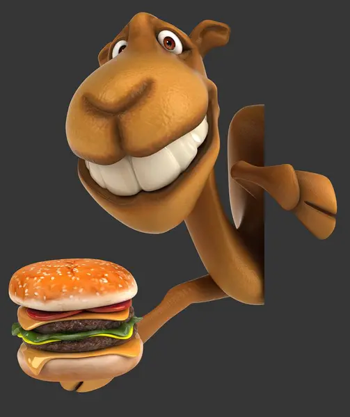 Unta Karakter Kartun Yang Menyenangkan Dengan Hamburger Stok Foto