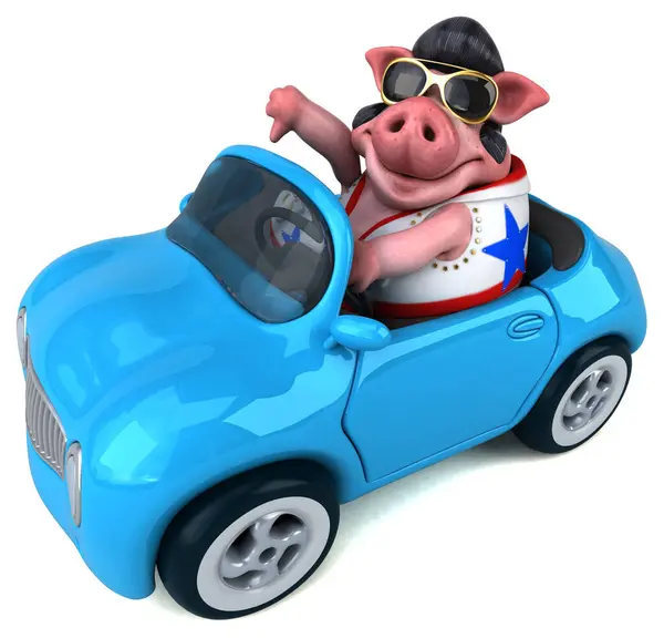 車の中で豚ロッカーの楽しい3D漫画イラスト ロイヤリティフリーのストック写真