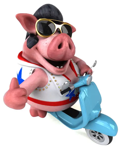 Fun Cartoon Illustration Pig Rocker Scooter Stockfoto