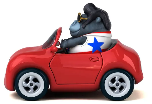 汽车里一个摇滚大猩猩的有趣3D卡通画 免版税图库图片