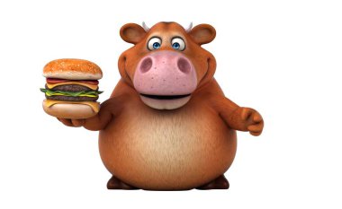 Hamburger resimli eğlenceli 3 boyutlu çizgi film ineği