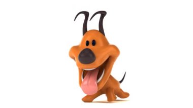 İzole edilmiş arka planda atlayan 3 boyutlu eğlenceli çizgi film köpeği. 