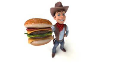Hamburgerli komik çizgi film karakteri kovboy - 3 boyutlu animasyon 