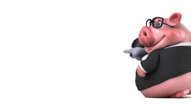 Komik domuz karakteri uçağı tutuyor.  