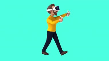 VR kulaklıklı bir çizgi film karakterinin 3 boyutlu eğlenceli animasyonu 