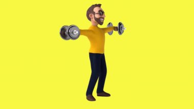  3 boyutlu çizgi film karakteri. Kol egzersizi yapıyor. 