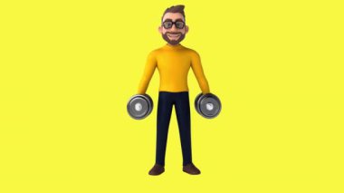  3 boyutlu çizgi film karakteri. Kol egzersizi yapıyor. 