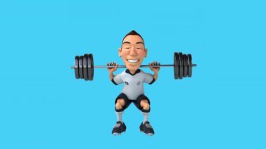 Fun 3D çizgi film gelişigüzel karakter futbolcusu fıçı egzersizi yapıyor.  