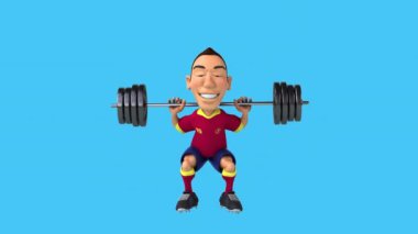 Fun 3D çizgi film gelişigüzel karakter futbolcusu fıçıyla çömelme hareketi yapıyor. 