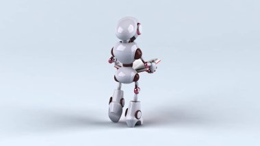 Eğlenceli 3 boyutlu robot yürüyor ve kitap okuyor.