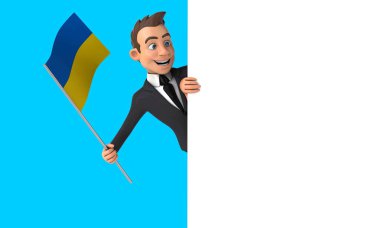 Ukrayna 'dan gelen bayrağı taşıyan eğlenceli 3D karikatür işadamı, alfa kanalı dahil.