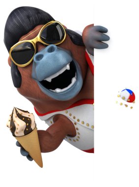 Fun 3D cartoon illustration of a Orang Outan rocker with ice cream 