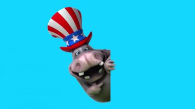Sam Amca şapkalı 3 boyutlu komik bir çizgi film hipopotamı.
