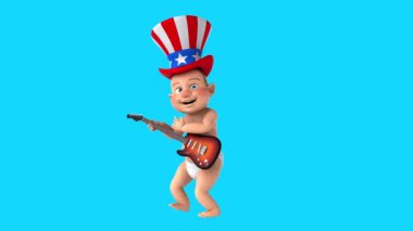 Sam Amca şapkalı komik bir 3 boyutlu çizgi film çocuğu gitar çalıyor. 