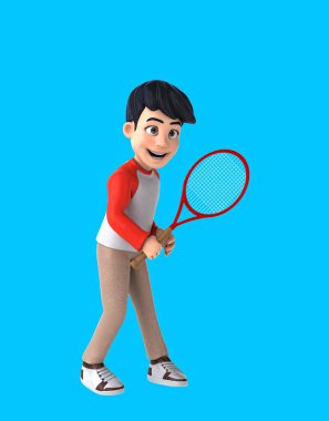 Eğlenceli 3 boyutlu çizgi film çocuğu tenis oynuyor.