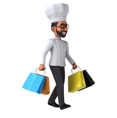 Çantalı Hintli bir aşçının 3 boyutlu komik çizimi. 