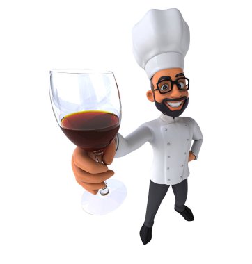 Şarabı olan Hintli bir aşçının 3 boyutlu komik çizimi. 