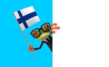 Finlandiya 'dan bayrağı olan 3 boyutlu komik kurbağa.
