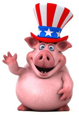 Sam Amca şapkalı üç boyutlu komik çizgi film domuzu merhaba diyor.