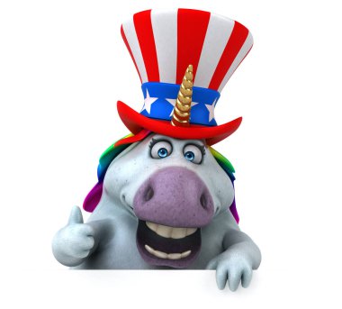 Komik 3 boyutlu tek boynuzlu at çizgi filmi. Sam Amca şapkalı.