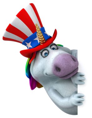 Komik 3D çizgi film karakteri, Sam Amca şapkalı tek boynuzlu at.