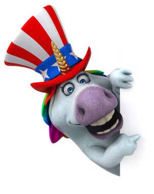 Komik 3D çizgi film karakteri, Sam Amca şapkalı tek boynuzlu at.