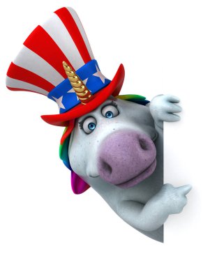 Komik 3D çizgi film karakteri, Sam Amca şapkalı tek boynuzlu at.