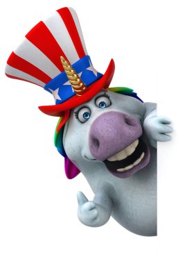 Komik 3D çizgi film karakteri, Sam Amca şapkalı tek boynuzlu at.