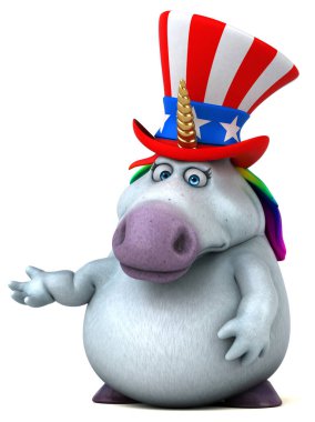 Komik 3D çizgi film karakteri, Sam Amca şapkalı tek boynuzlu at.