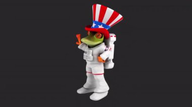 Komik 3D karikatür kurbağası. Sam amca şapkalı astronot el kol hareketi yapıyor. 