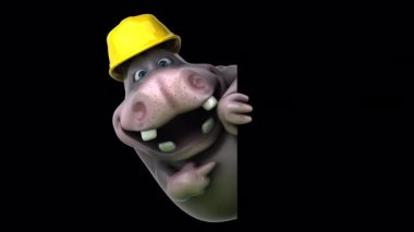 Kasklı su aygırının siyah arka planda boş bir tabela tutmasının 3 boyutlu animasyonu