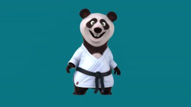 Karate kimonosu giymiş 3 boyutlu komik panda karakteri konuşuyor. 