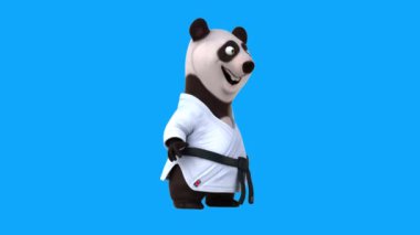Karate kimonosu giymiş 3 boyutlu komik panda karakteri konuşuyor. 