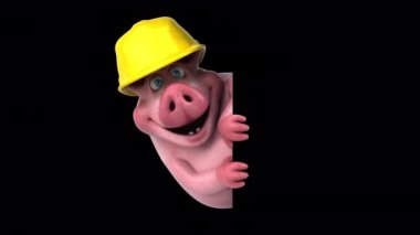 Kasklı domuz animasyonu siyah arka planda boş bir tabela tutuyor.