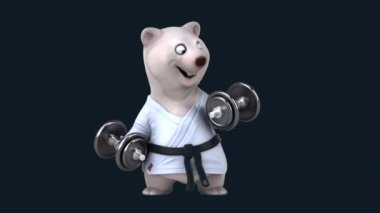 Üç boyutlu eğlenceli çizgi film karakteri, halterli karate kimonosu. 